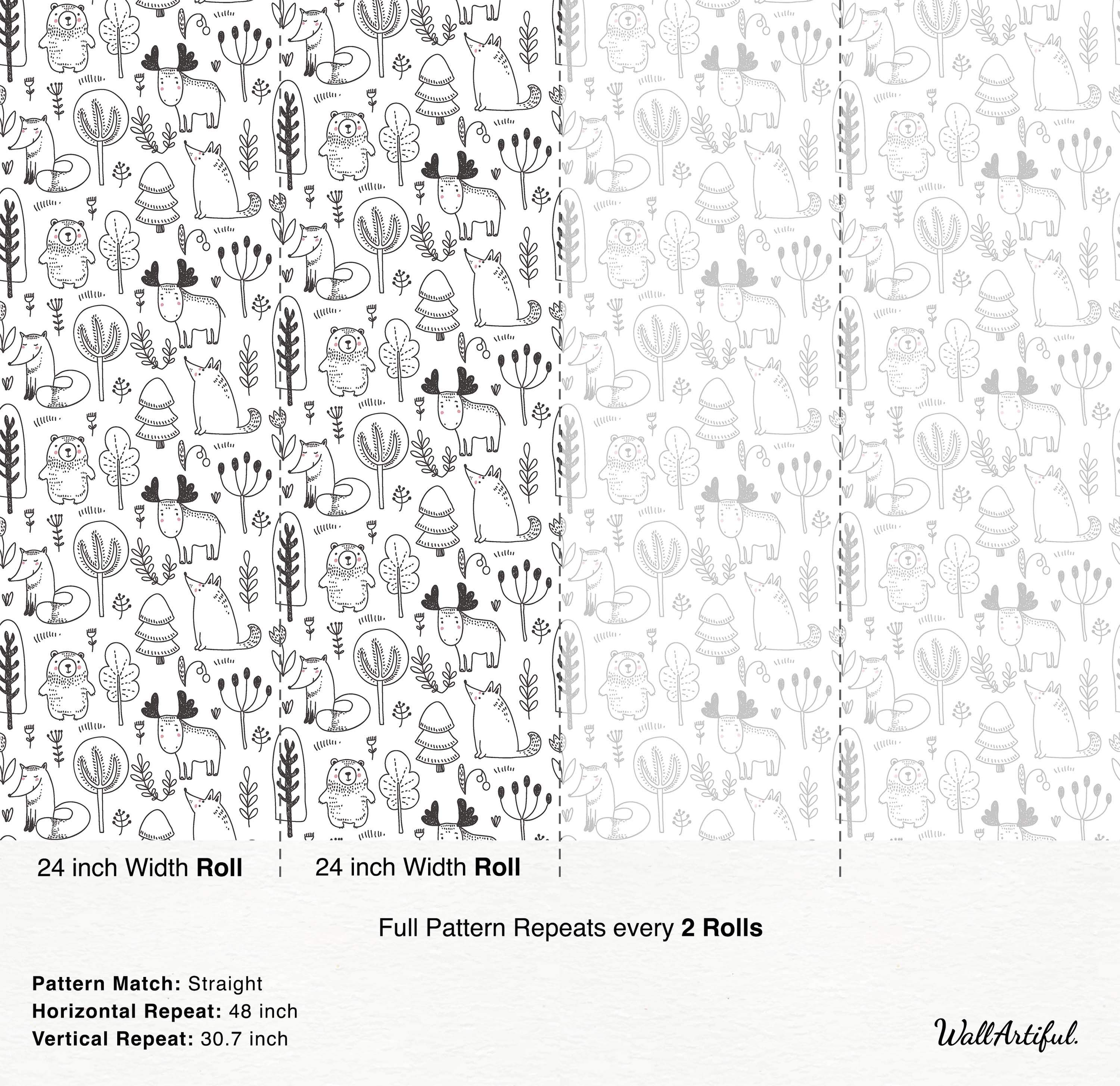 Scandinavian style wallpaper featuring hand-drawn woodland animals like bears, foxes, and moose with trees in black line art on a white background.