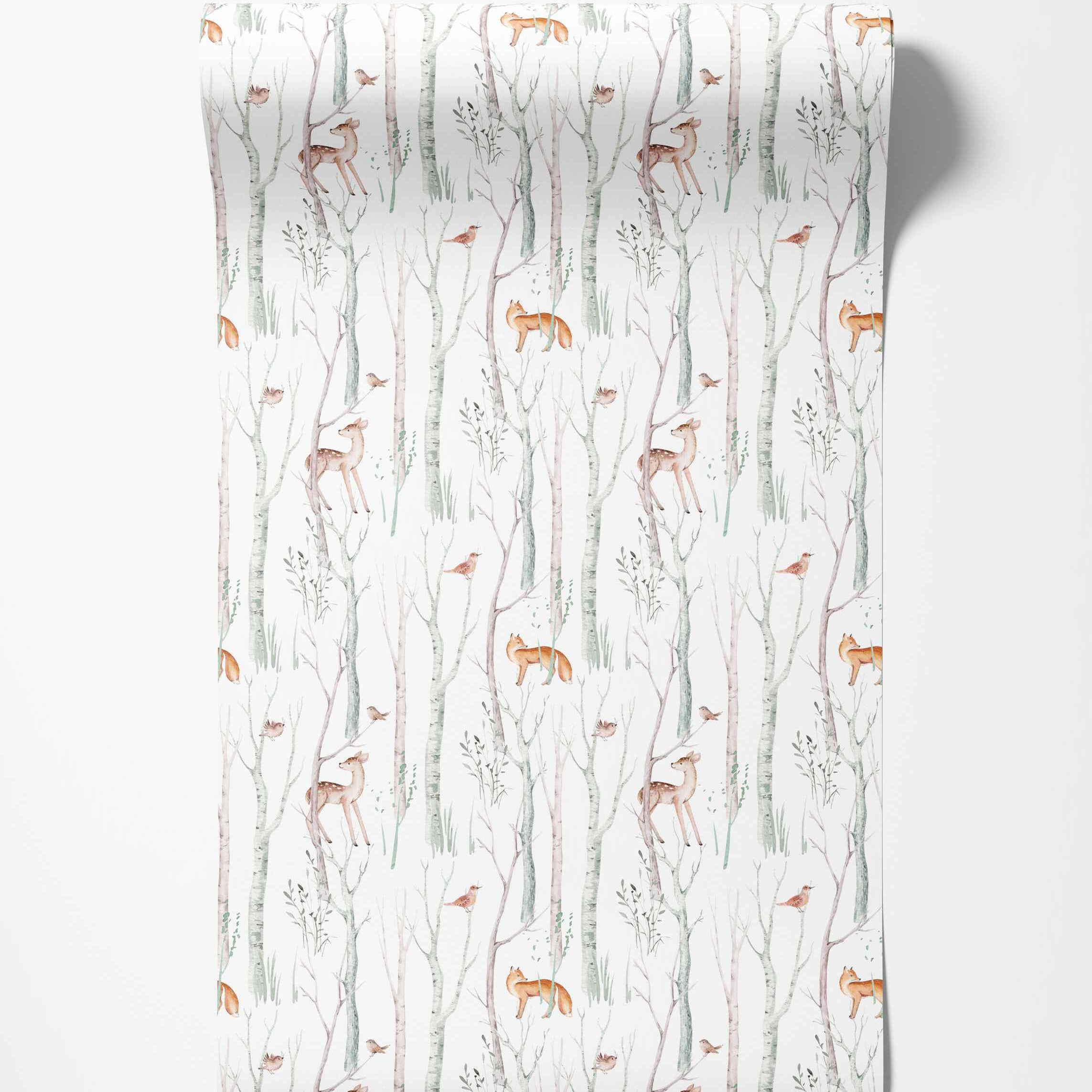 Watercolor wallpaper featuring a woodland scene with birch trees, deer, foxes, and birds on a white background.