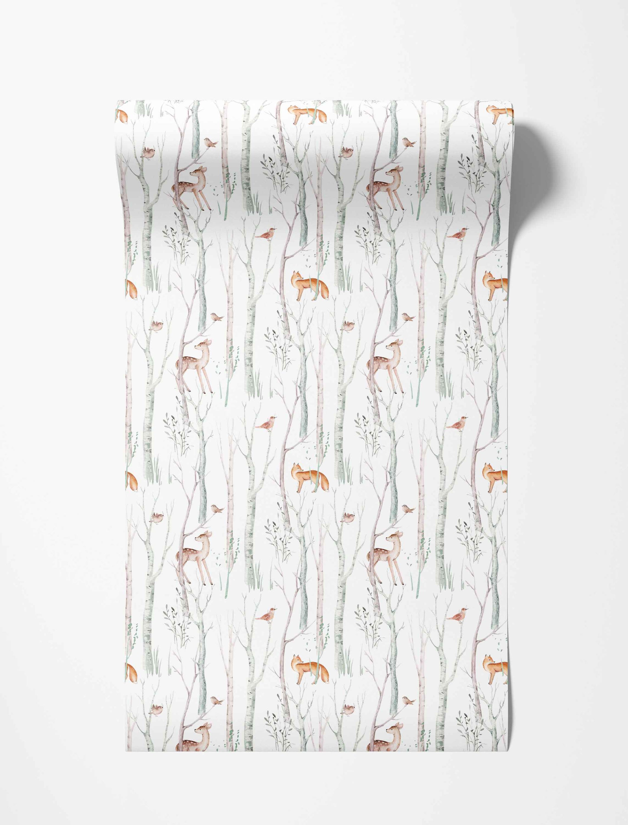 Watercolor wallpaper featuring a woodland scene with birch trees, deer, foxes, and birds on a white background.