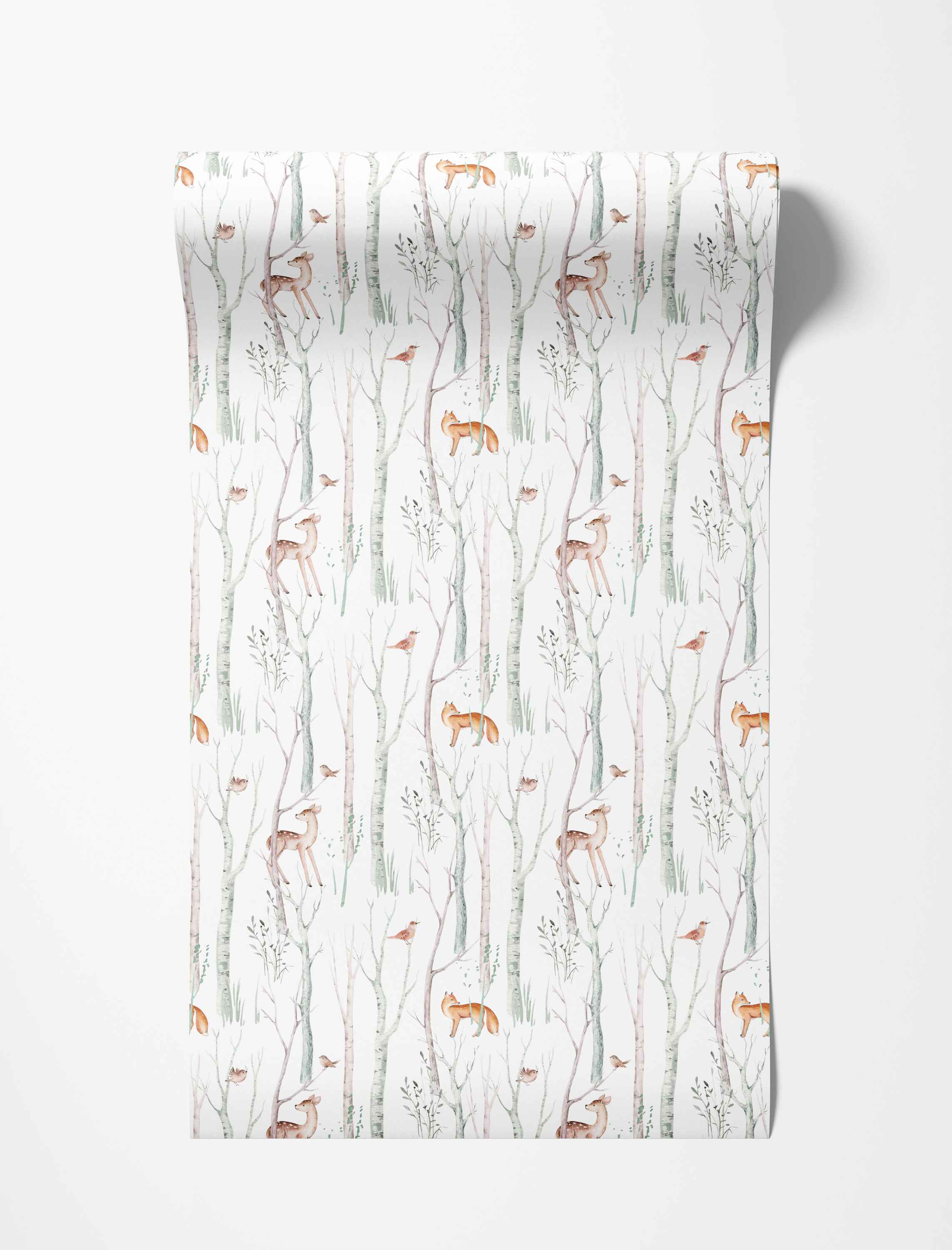 Watercolor wallpaper featuring a woodland scene with birch trees, deer, foxes, and birds on a white background.