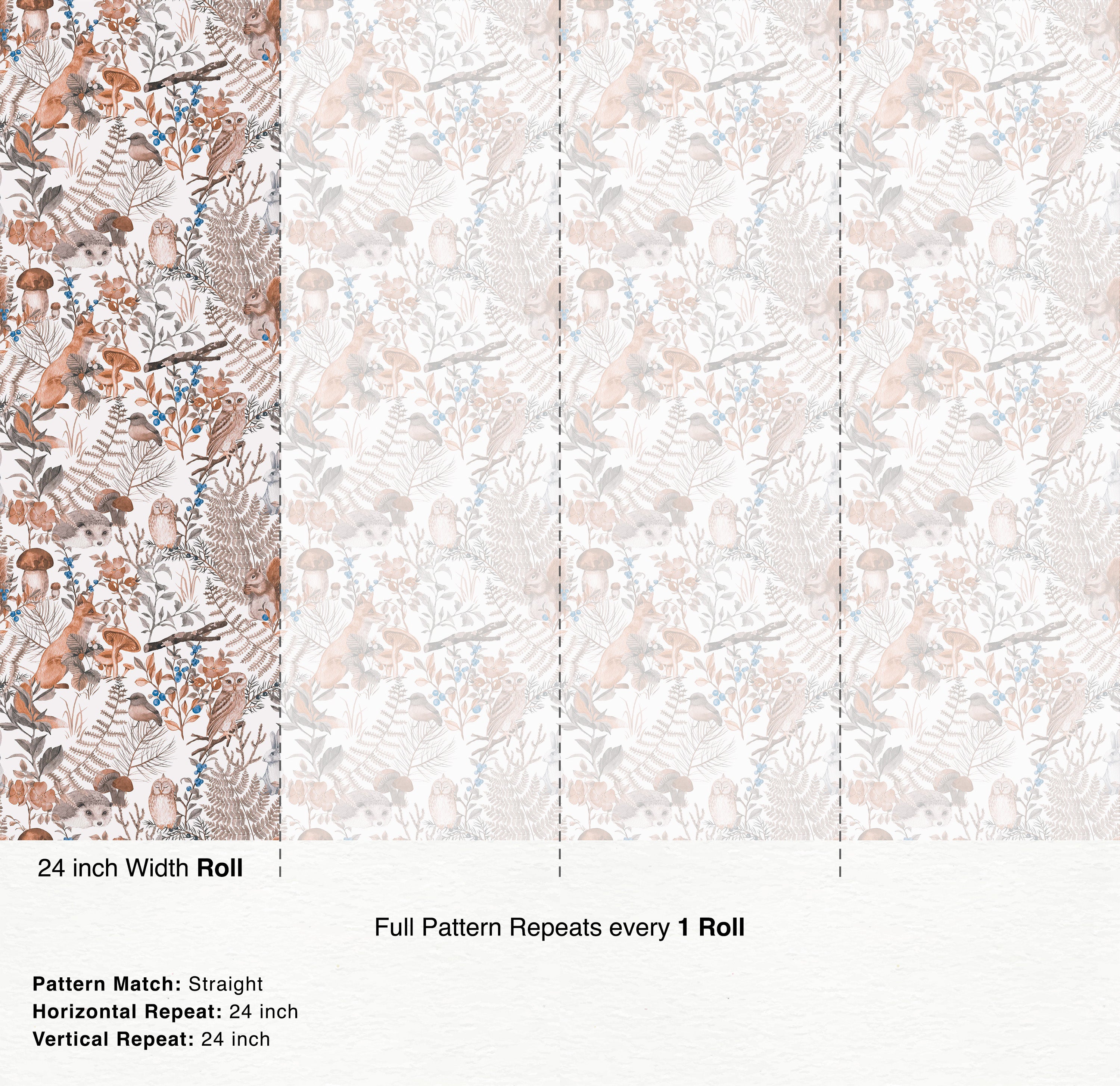 Illustrated woodland wallpaper featuring foxes, owls, and squirrels among ferns and berries in orange, blue, and brown hues.