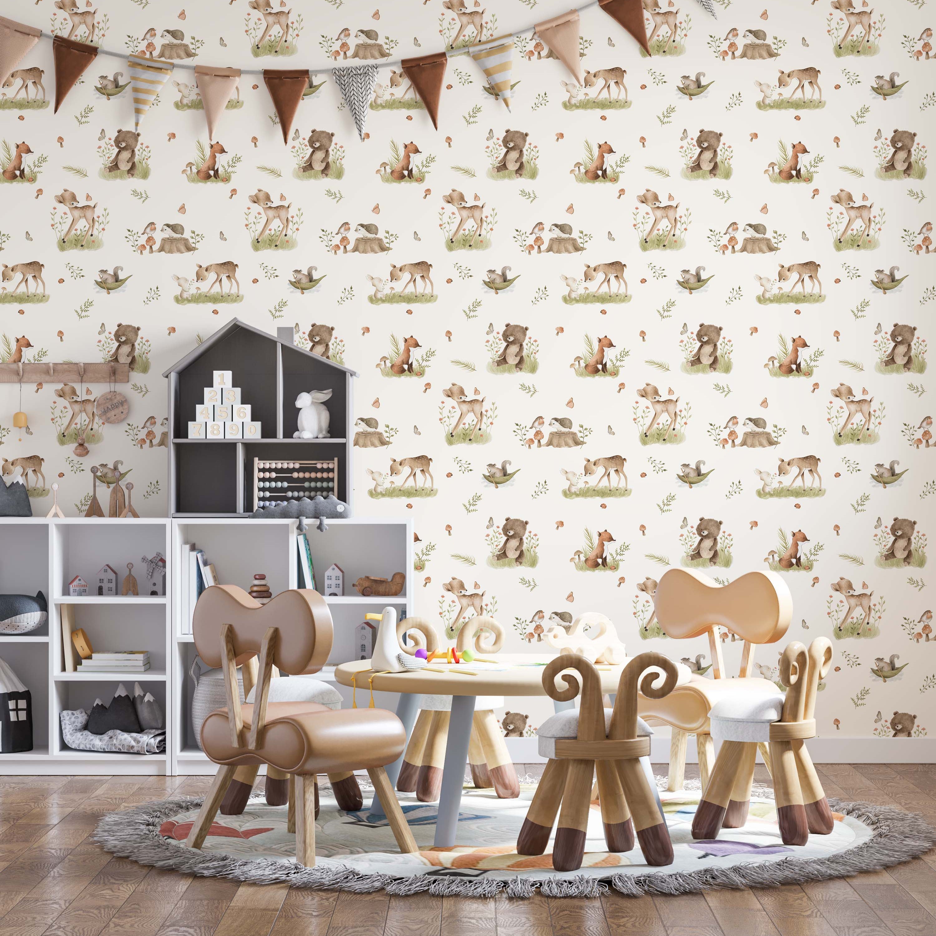 Watercolor wallpaper with a repeating pattern of woodland animals like deer, bears, and foxes, amongst green leaves and orange mushrooms.