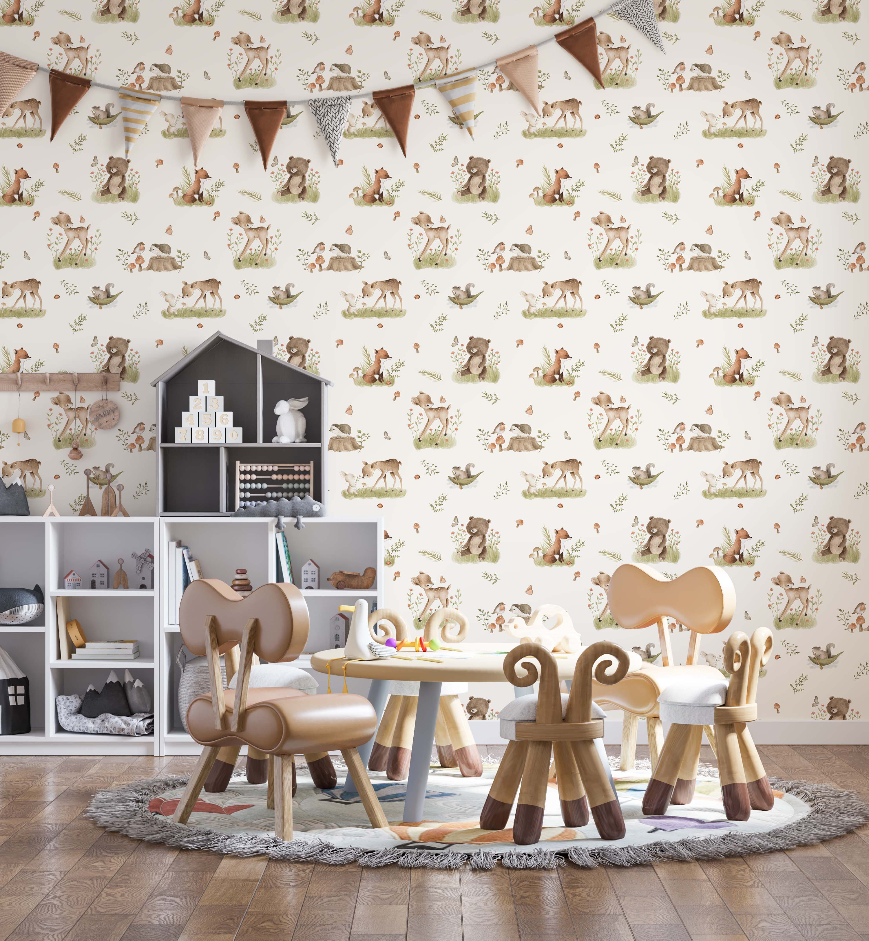 Watercolor wallpaper with a repeating pattern of woodland animals like deer, bears, and foxes, amongst green leaves and orange mushrooms.