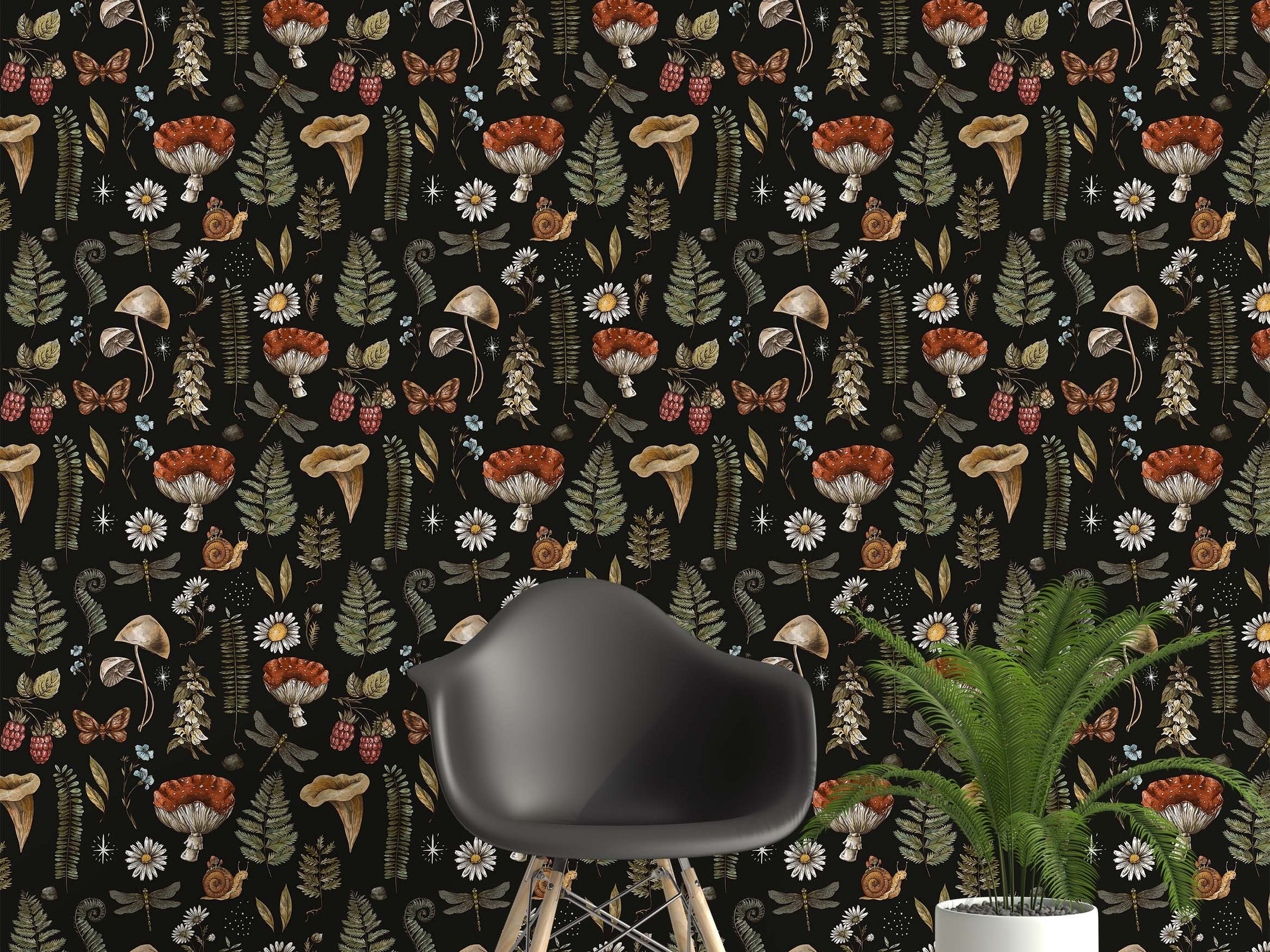 Dark wallpaper with a woodland pattern of red mushrooms, green ferns, dragonflies, snails, and white daisies.