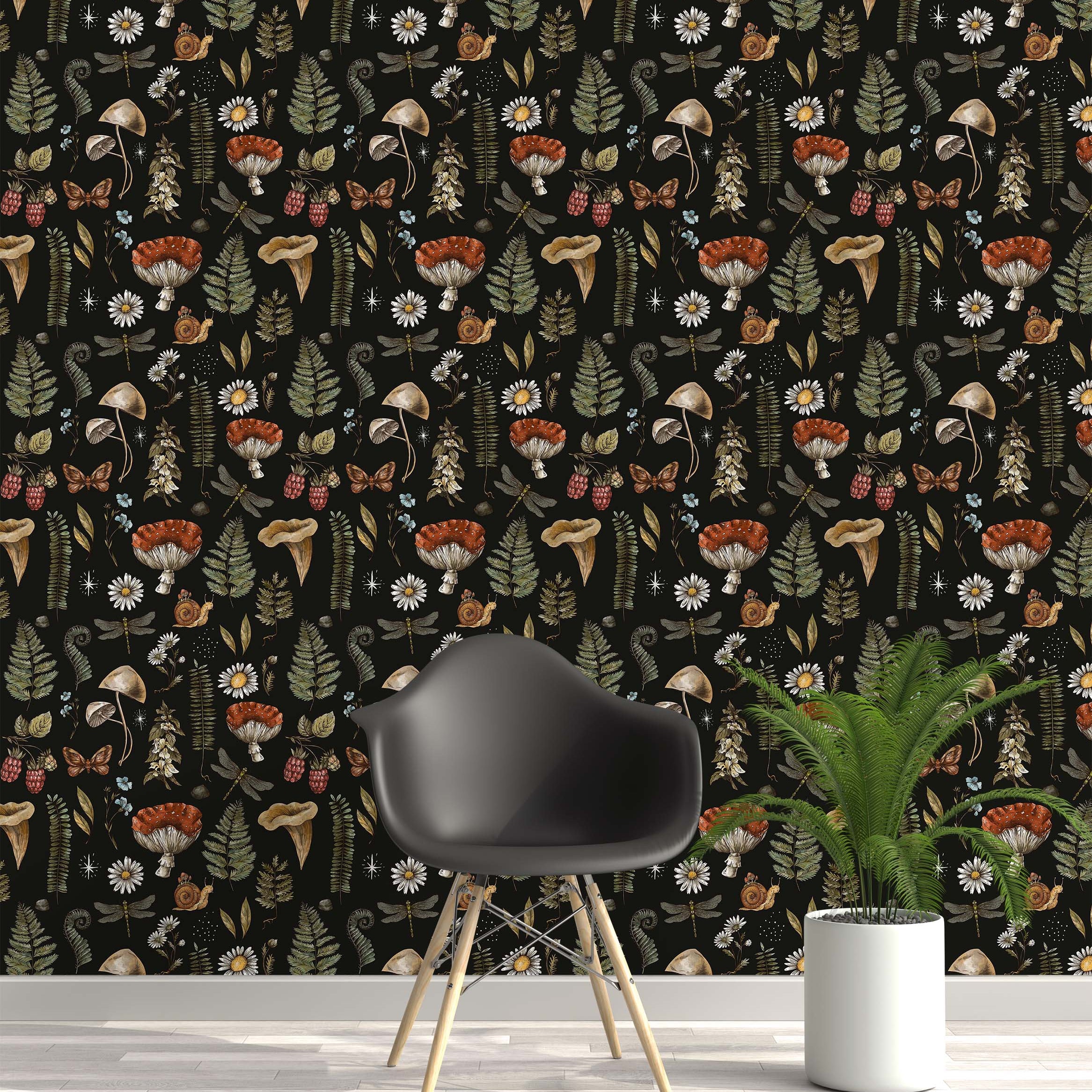 Dark wallpaper with a woodland pattern of red mushrooms, green ferns, dragonflies, snails, and white daisies.