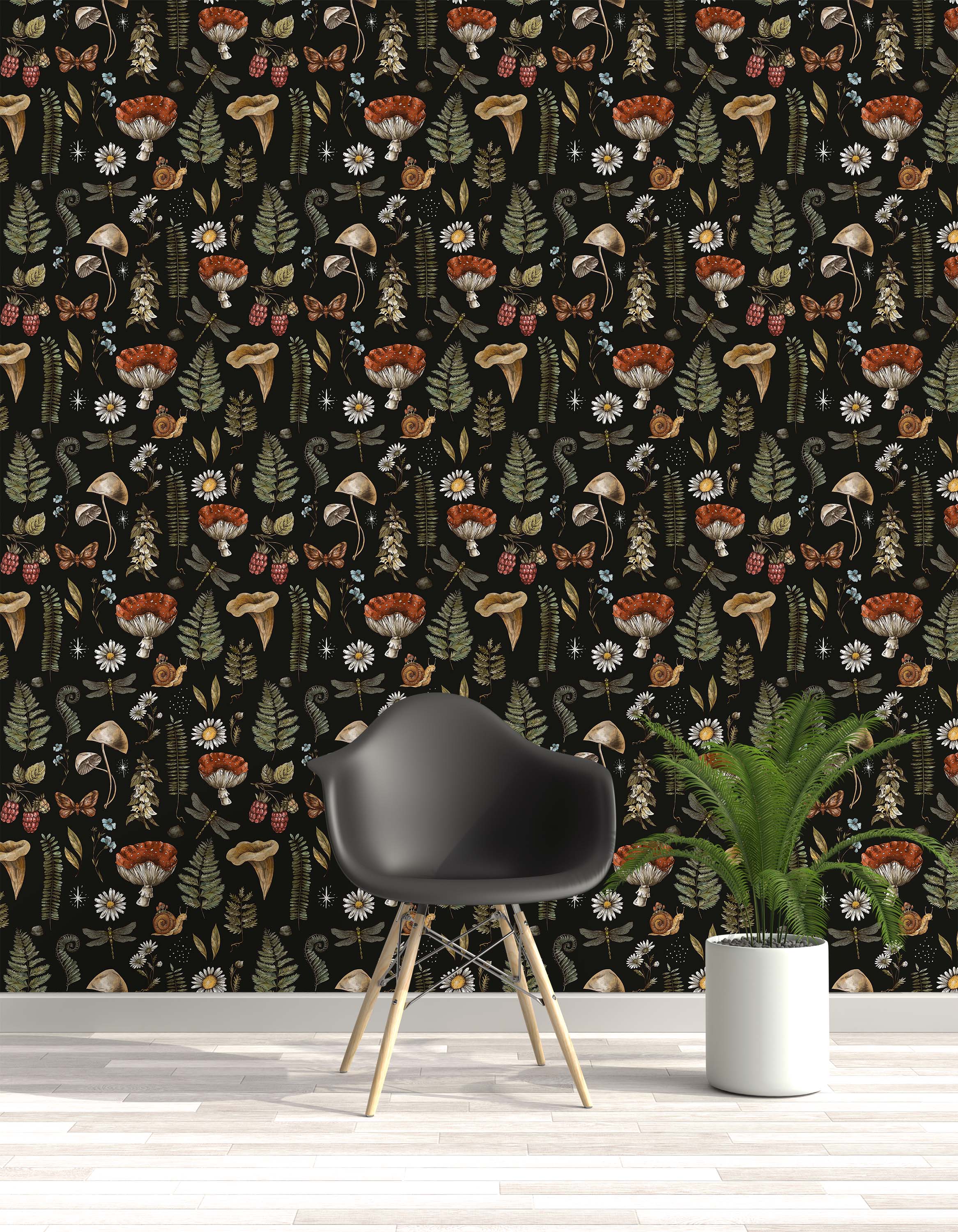 Dark wallpaper with a woodland pattern of red mushrooms, green ferns, dragonflies, snails, and white daisies.