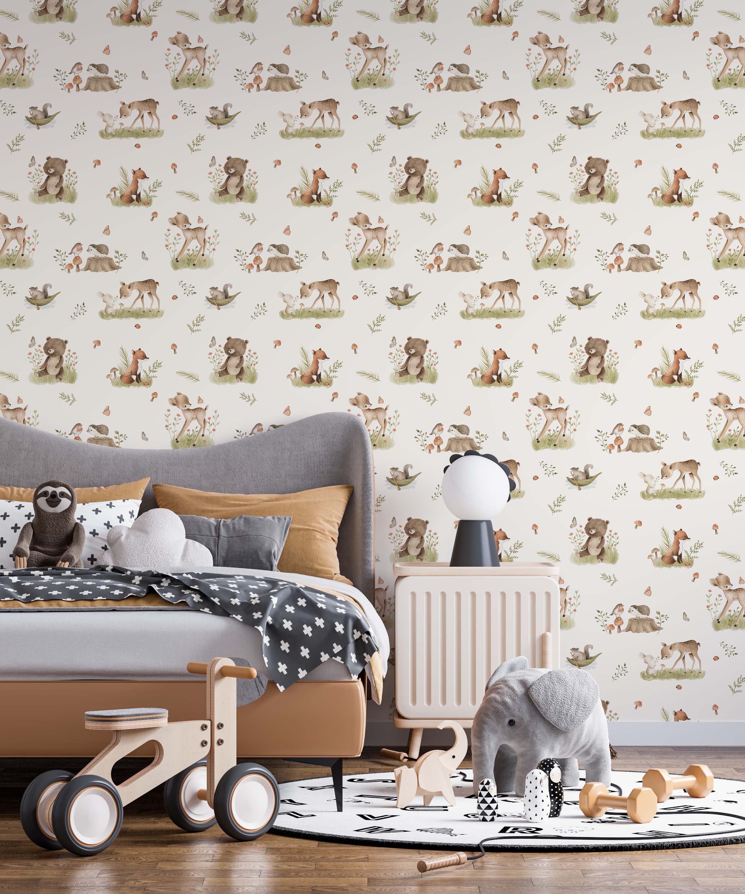 Repeating wallpaper with a watercolor woodland theme, featuring animals in soft browns and greens on an off-white background.