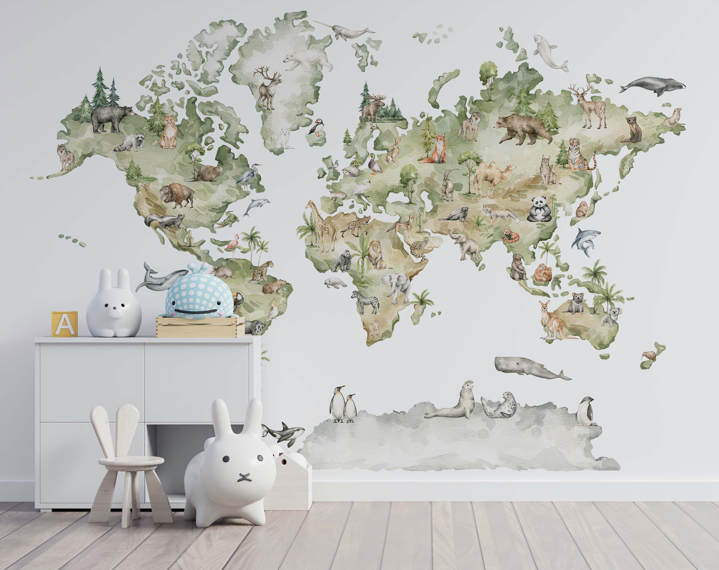 Illustrated world map mural featuring various animals in a soft watercolor style, with green continents and light background.