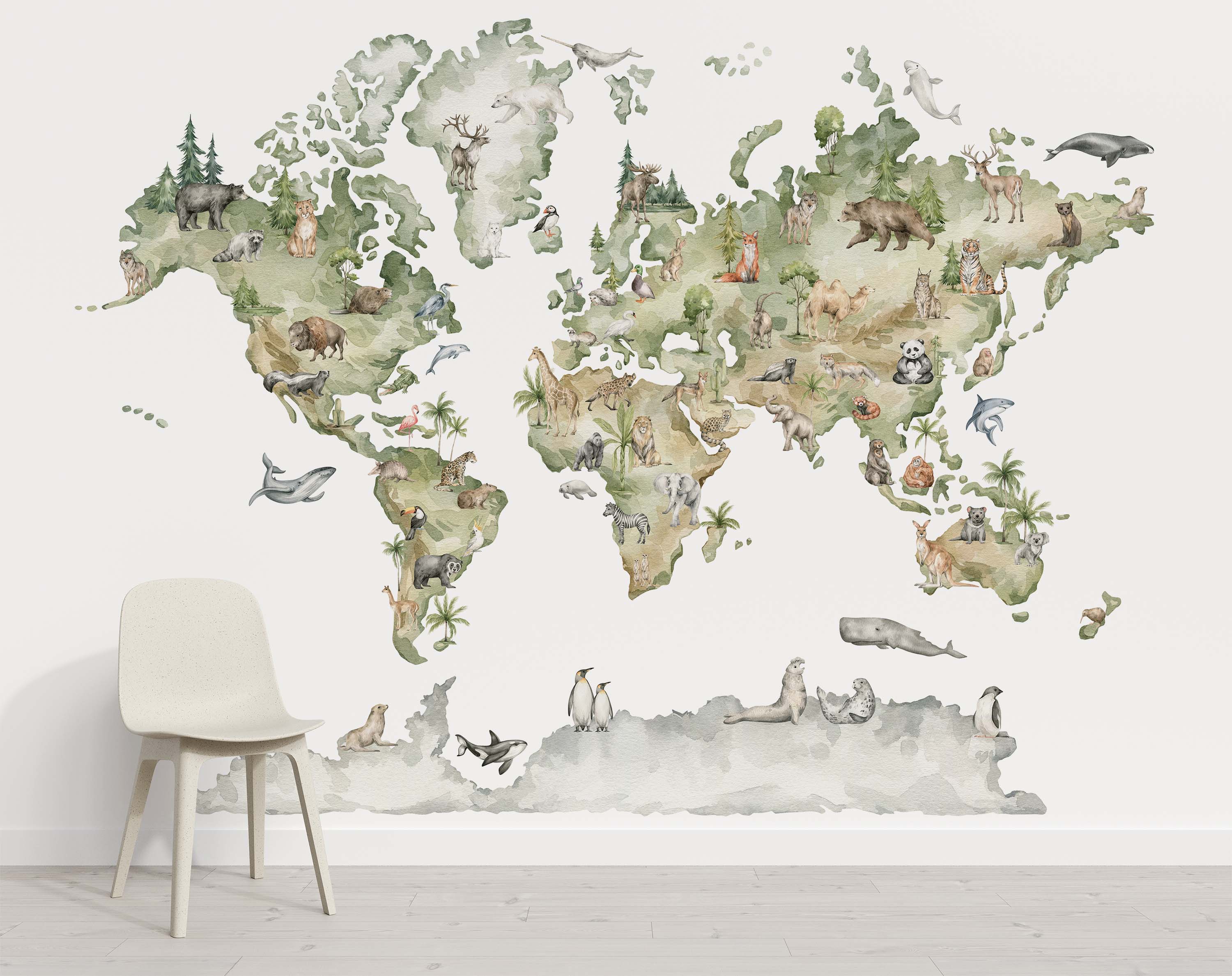 Watercolor mural of a world map with continents in shades of green and gray, featuring various illustrated animals.