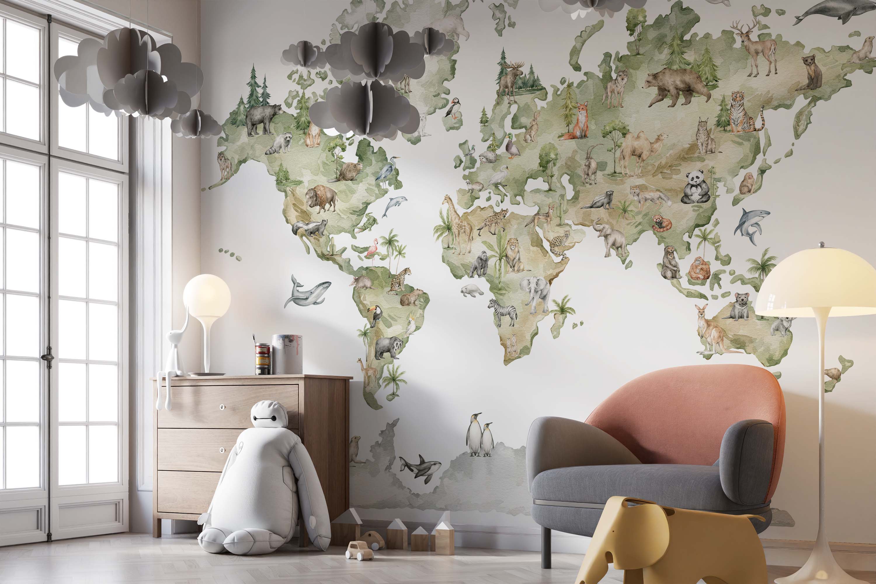 Mural depicting a world map with watercolor illustrations of various animals, rendered in soft greens and earthy browns.