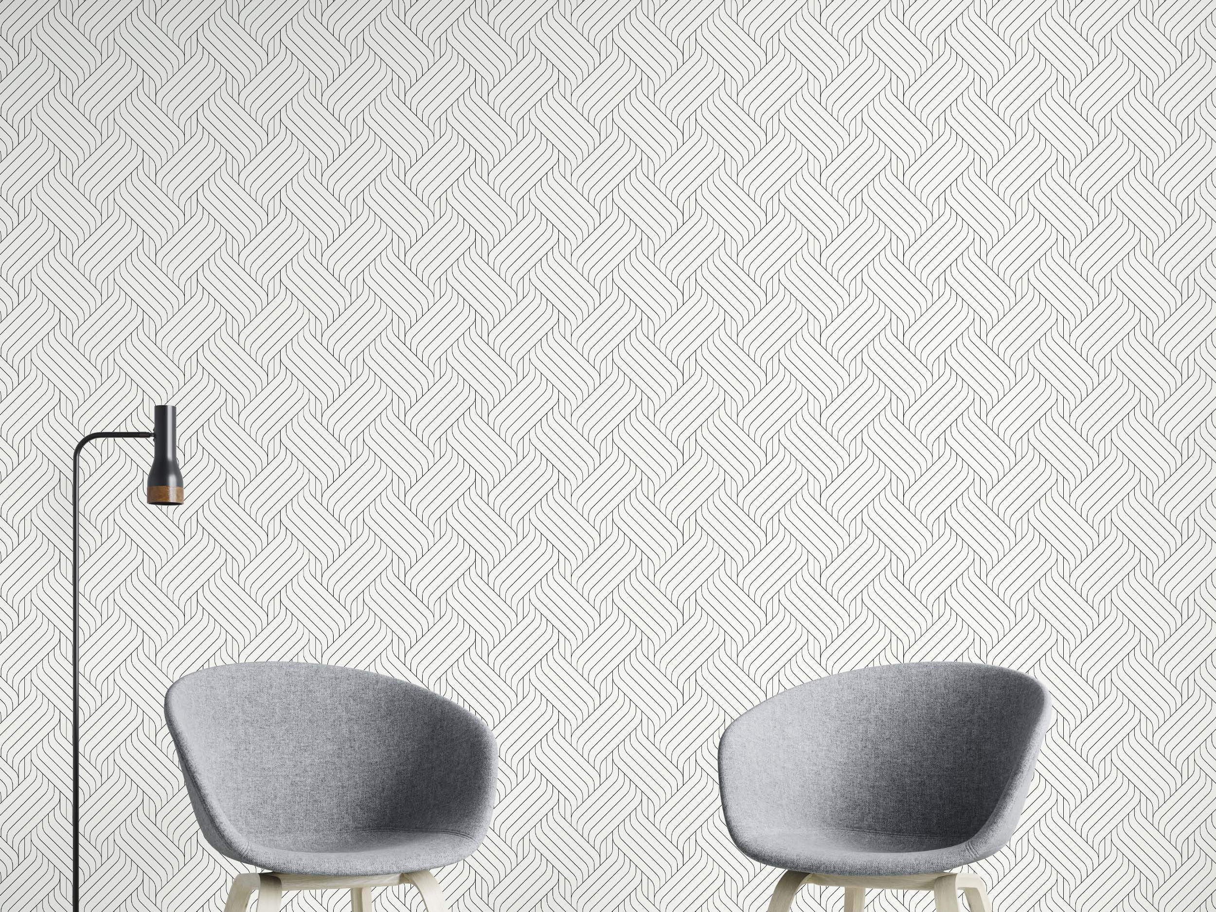 White wallpaper with a repeating geometric pattern of thin, interwoven black lines resembling a braid.