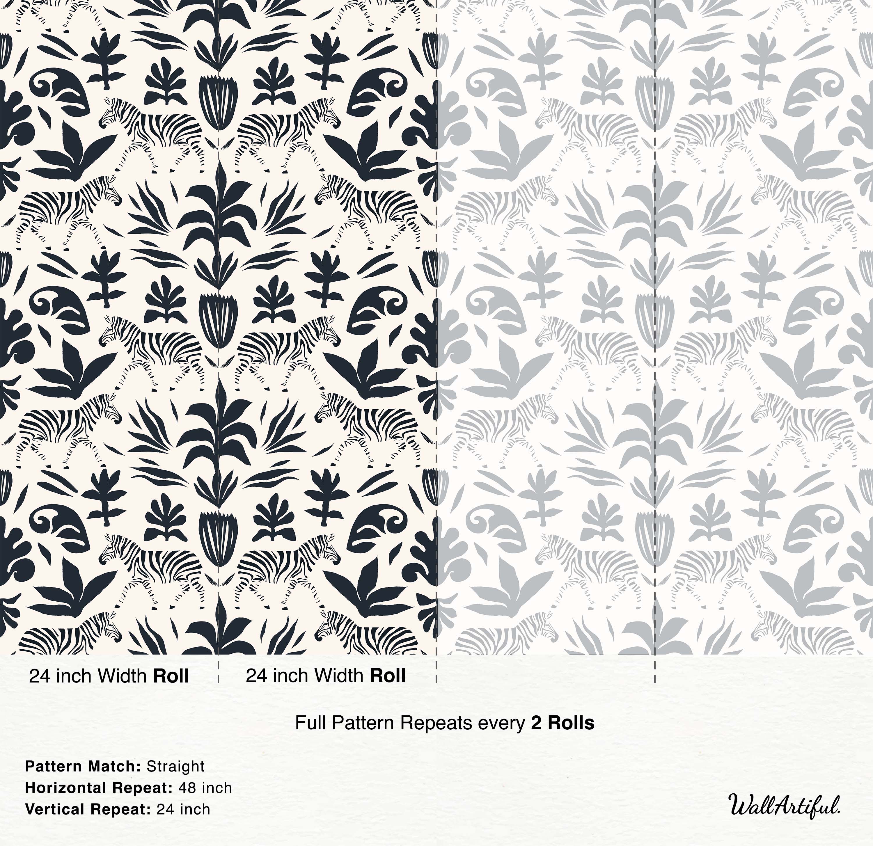 Wallpaper with a repeating pattern of zebras and botanicals, featuring alternating black-on-cream and gray-on-white panels.