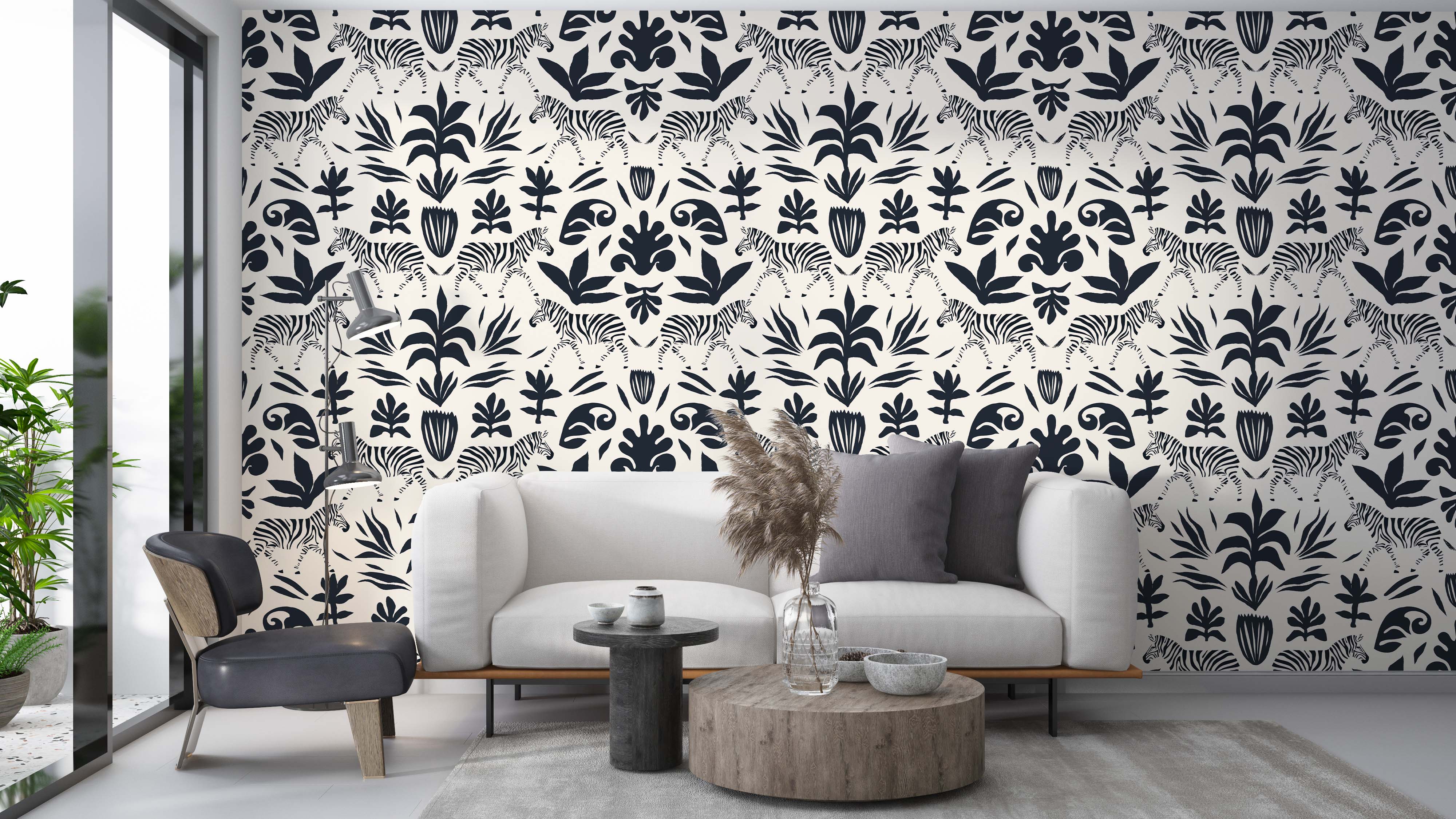 Wallpaper displaying a repeating symmetrical pattern of stylized zebras and assorted botanical elements in black on an off-white ground.