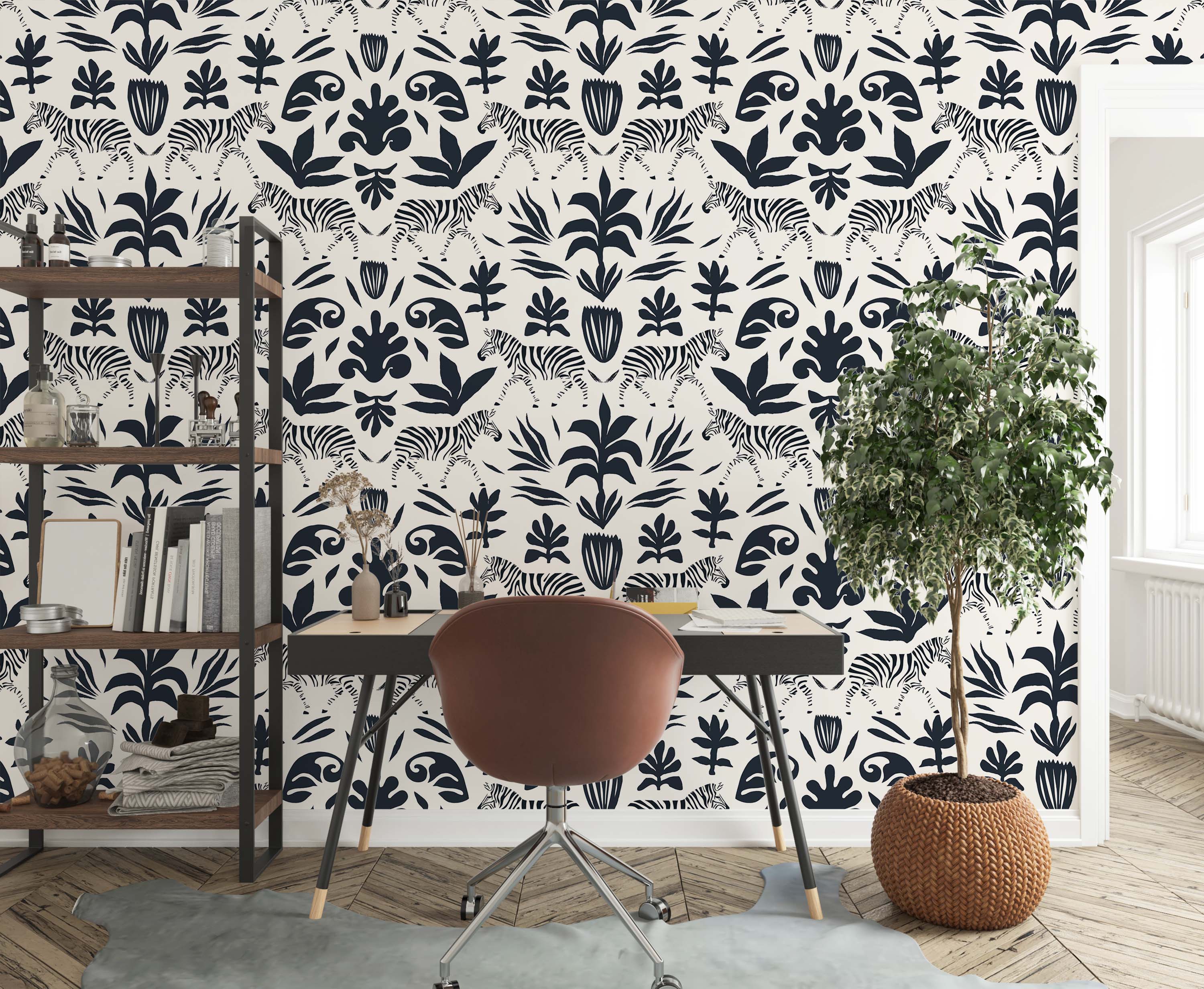 Wallpaper with a repeating pattern of navy blue zebras and stylized botanical motifs on a cream background.