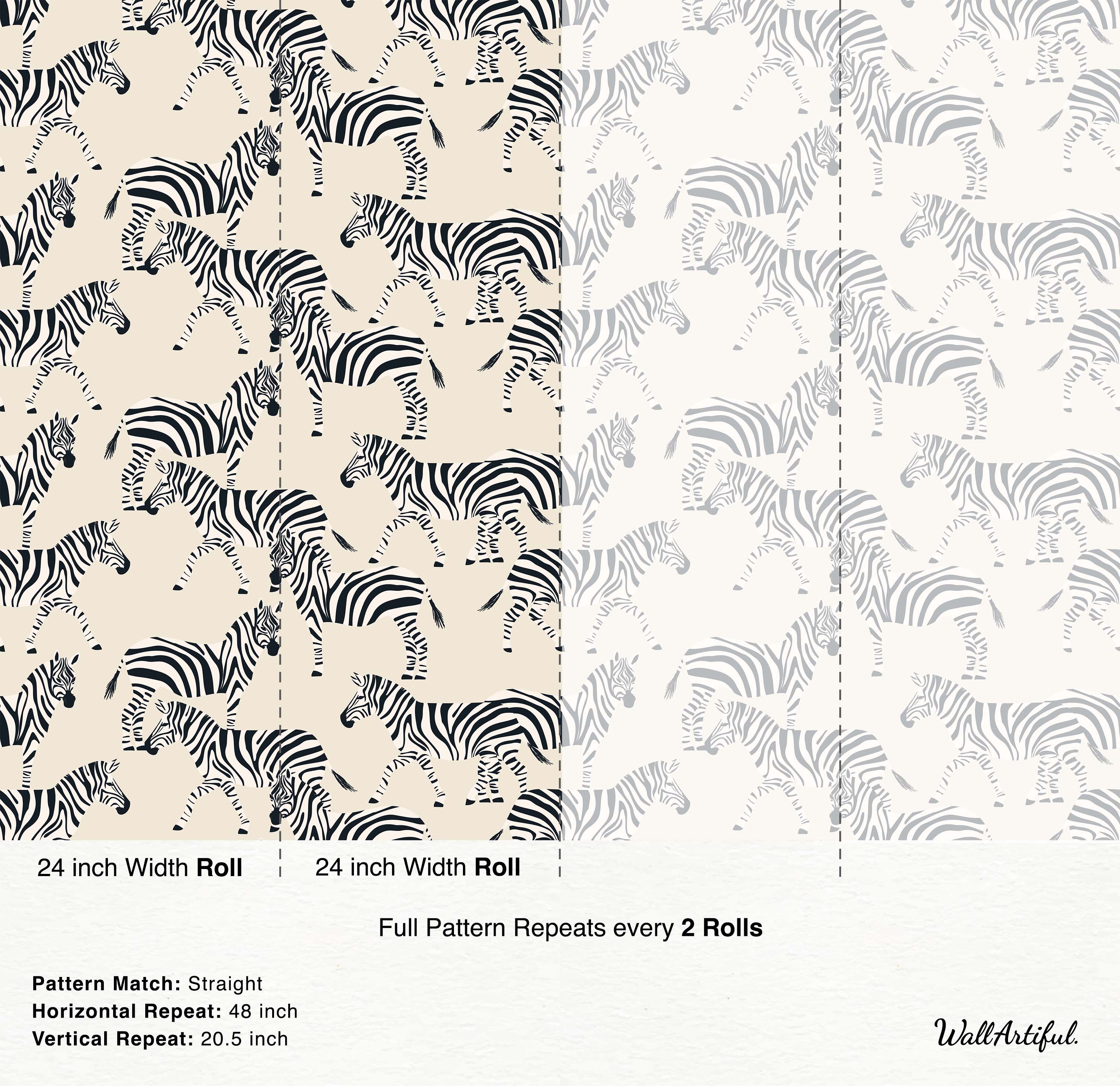 Stylized zebras in a repeating wallpaper pattern. Shown in black on beige and gray on off-white colorways.